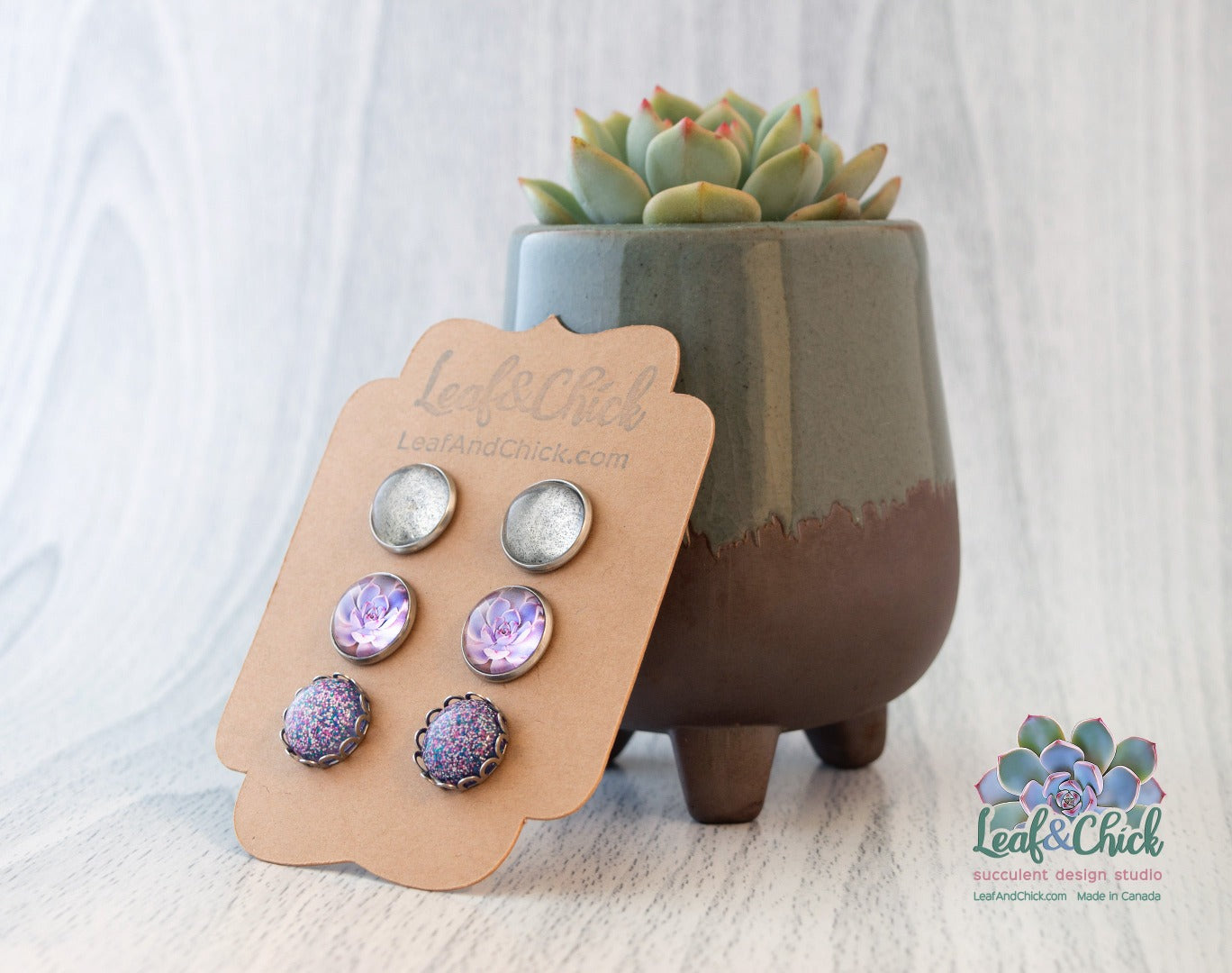stainless steel stud earrings with purple succulent art and coordinating styles