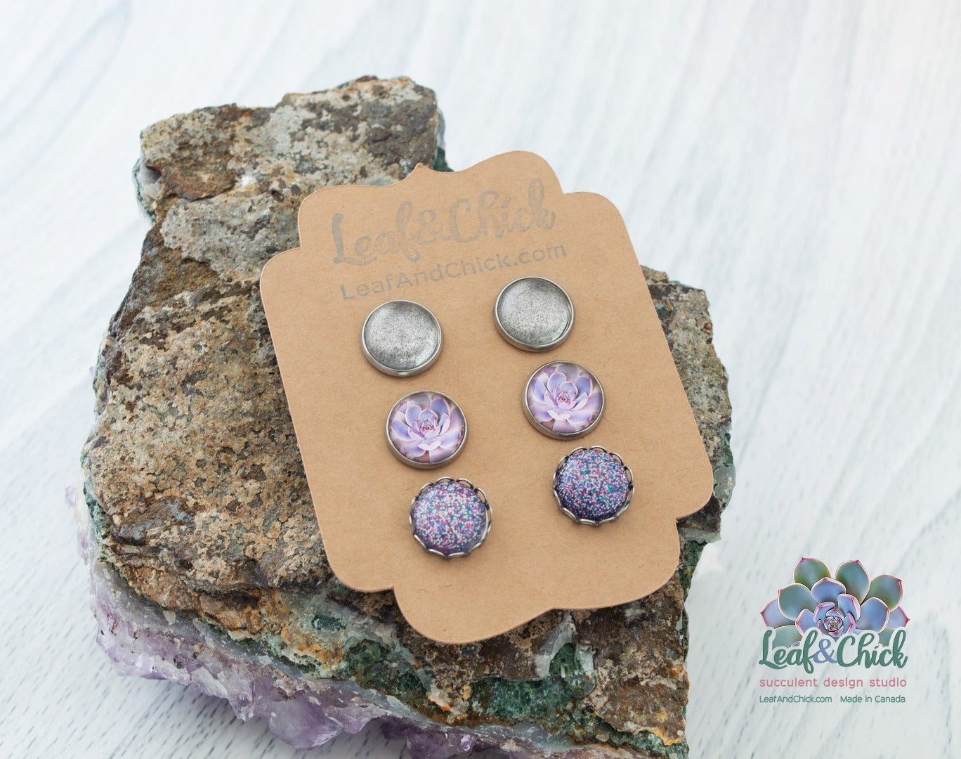 a set of three succulent art earrings to mix and match