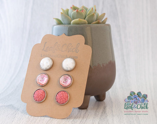 stainless steel earrings in pinks and sparkles