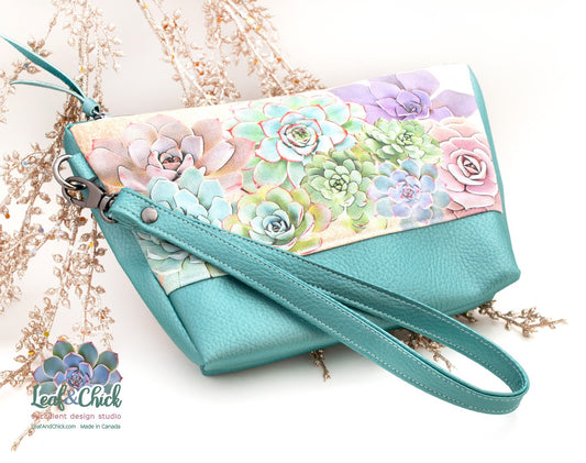vegan leather metallic mint succulent clutch bag