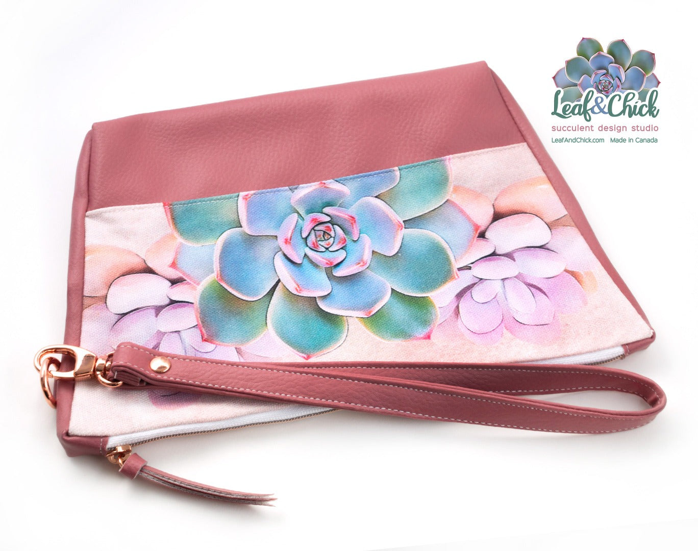 bold succulent print on a wristlet clutch bag