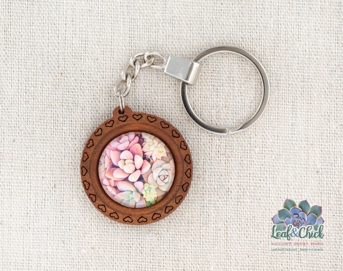 tiny heart wood keychain with mini succulents