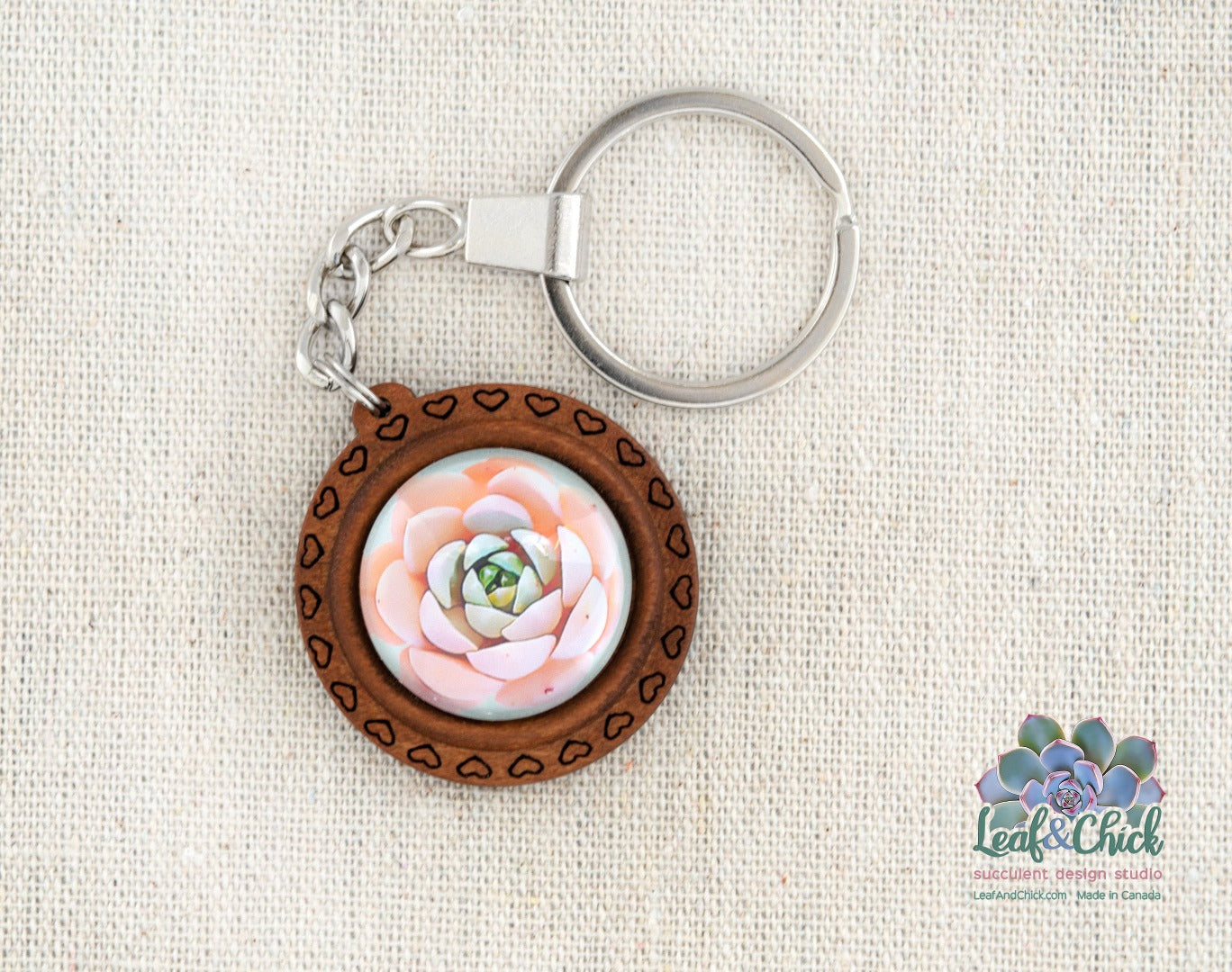 Echeveria wood keychain with tiny heart designs