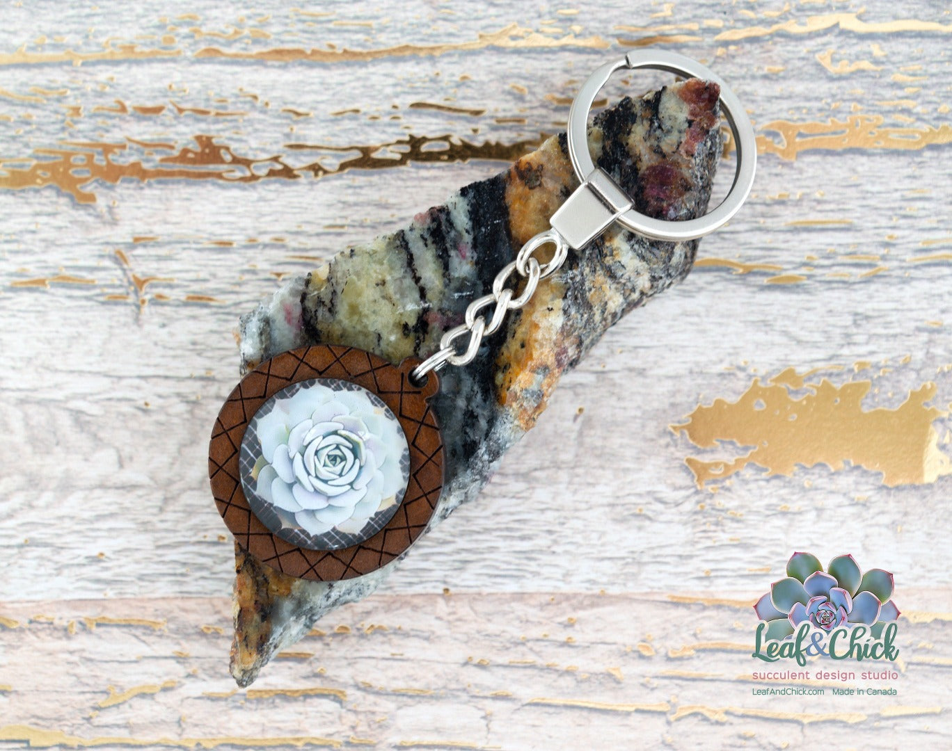 wood keychain with white echeveria art by Leaf & Chick
