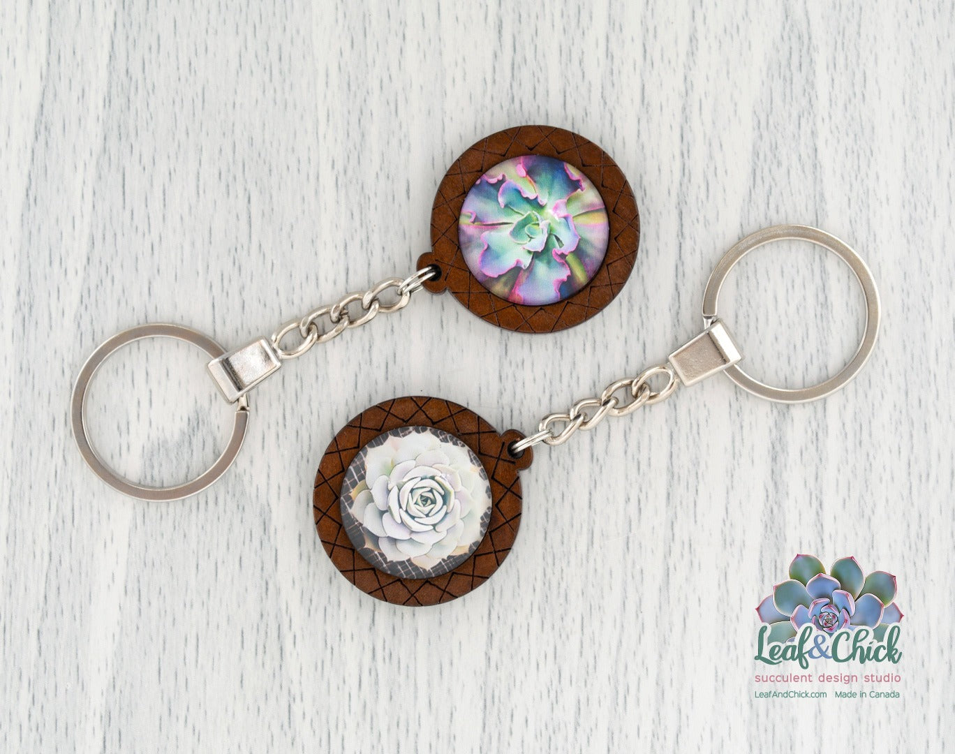 succulent art keychains, two styles to choose from