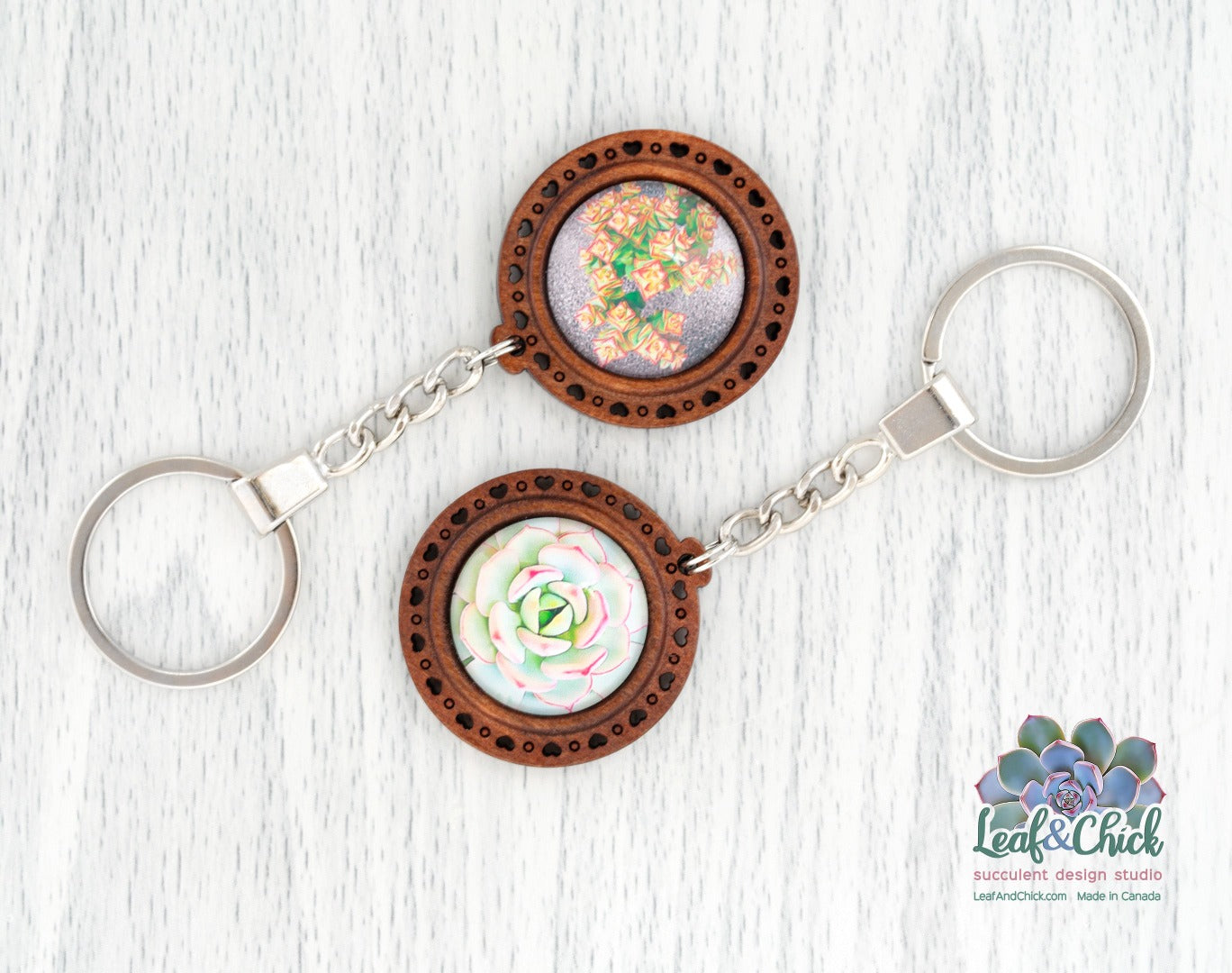 wooden keychains with succulent art
