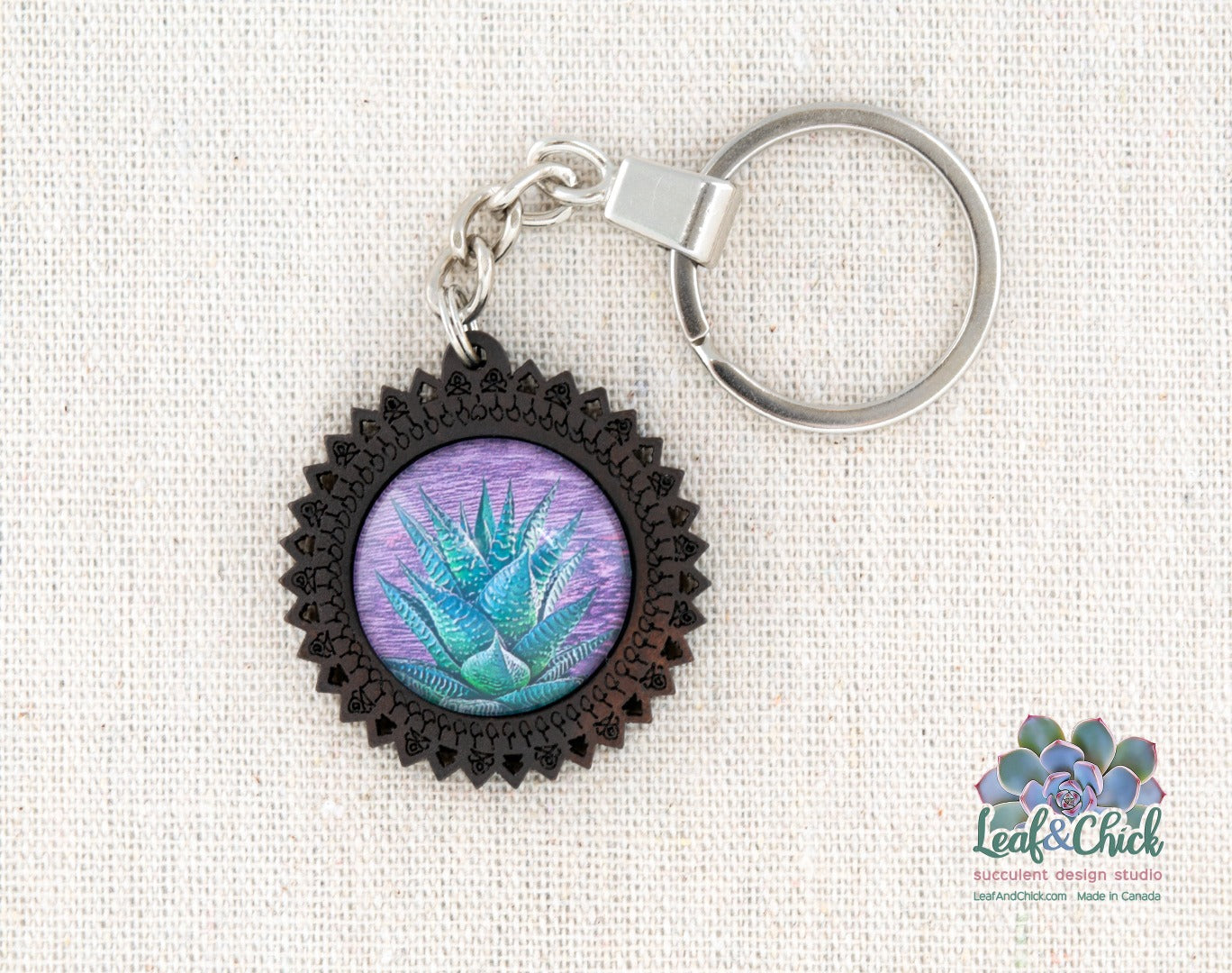 wooden keychain with haworthia succulent art