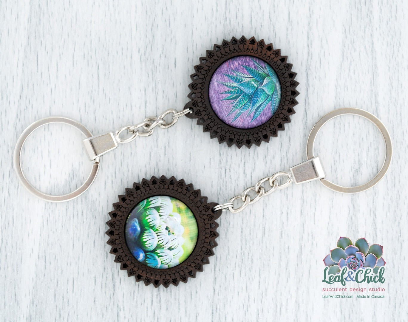 wooden keychains with succulent art