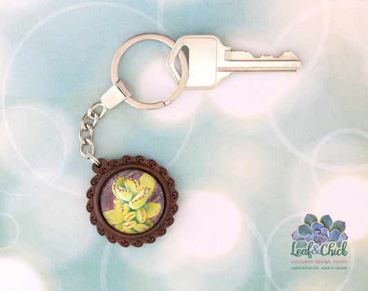 wood base succulent art keychain