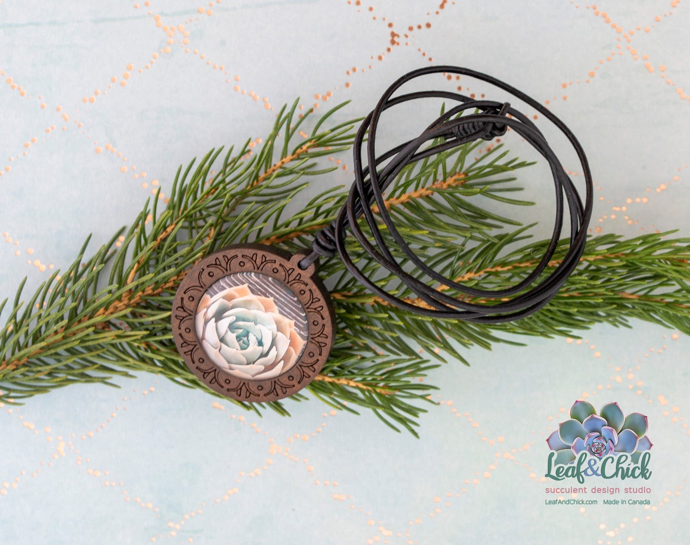 Echeveria succulent art necklace in a wood base