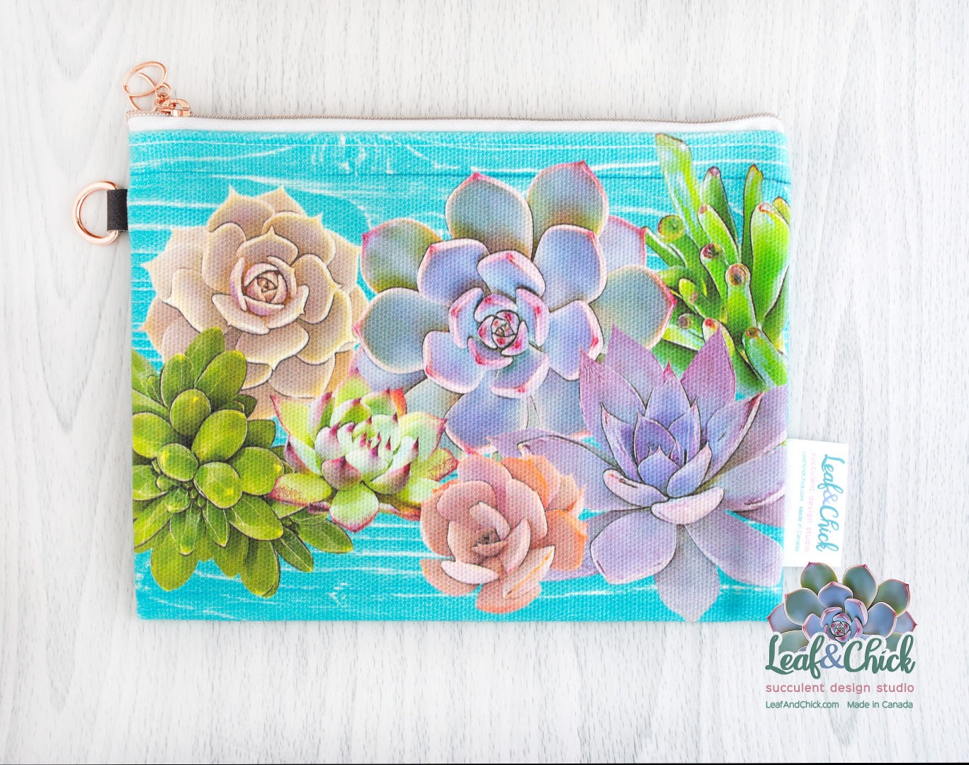 succulent art zippered pouch with an aqua background