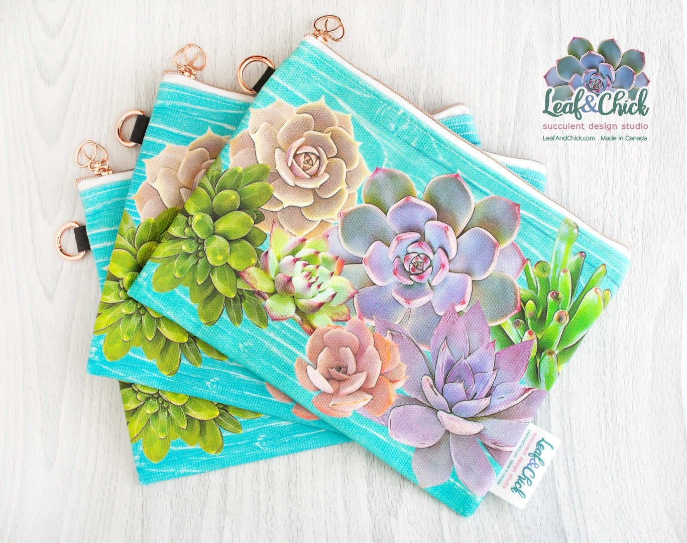 bright fun and colourful zipper pouch with original Leaf & Chick succulent art