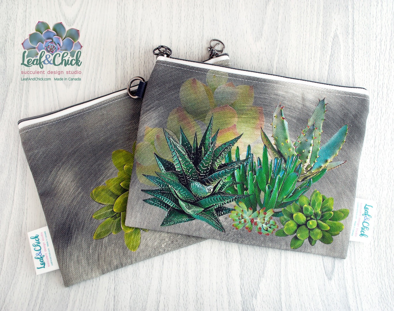 green succulent art on a grey zippered pouch