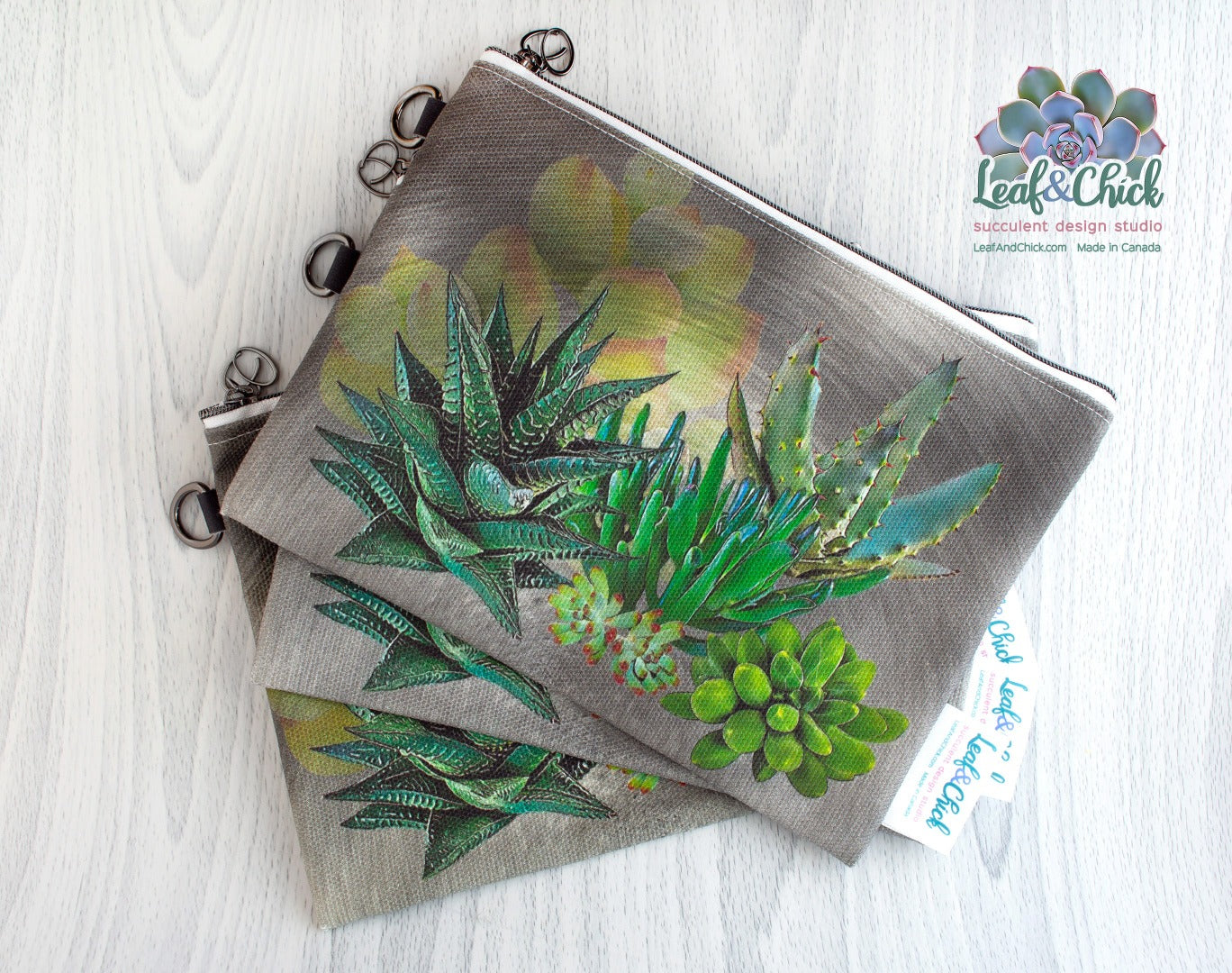 grey or green succulent zipper pouch with quality gunmetal hardware