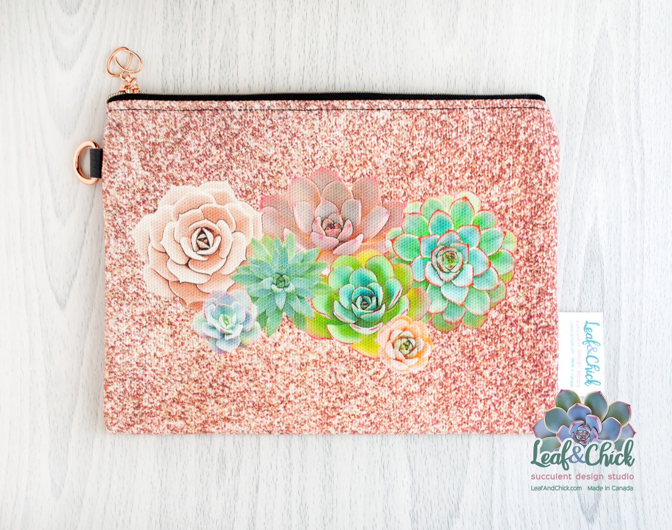 pink glitter succulent art zip pouch by Leaf & Chick