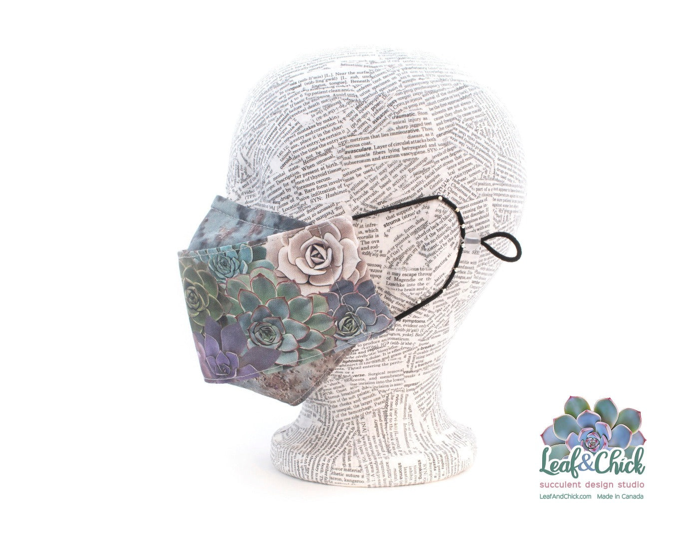 side view of three layer succulent mask with around the ear elastic with fit adjuster