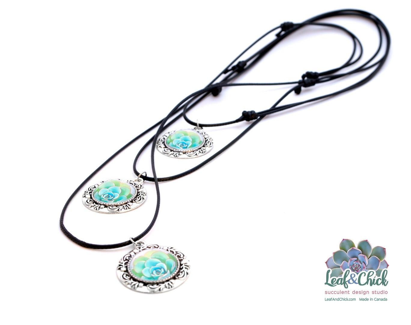 three succulent pendants with stylized echeveria in an ornamental setting