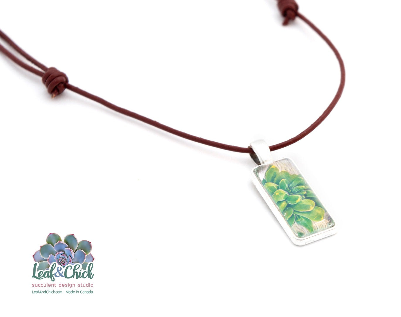 close up of succulent art on a leather necklace