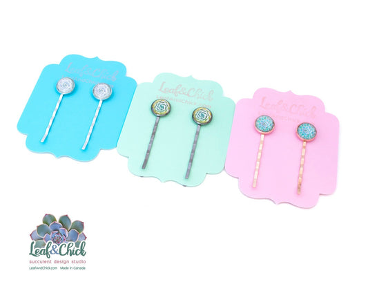 fancy jewelled bobby pins with echeveria succulent art
