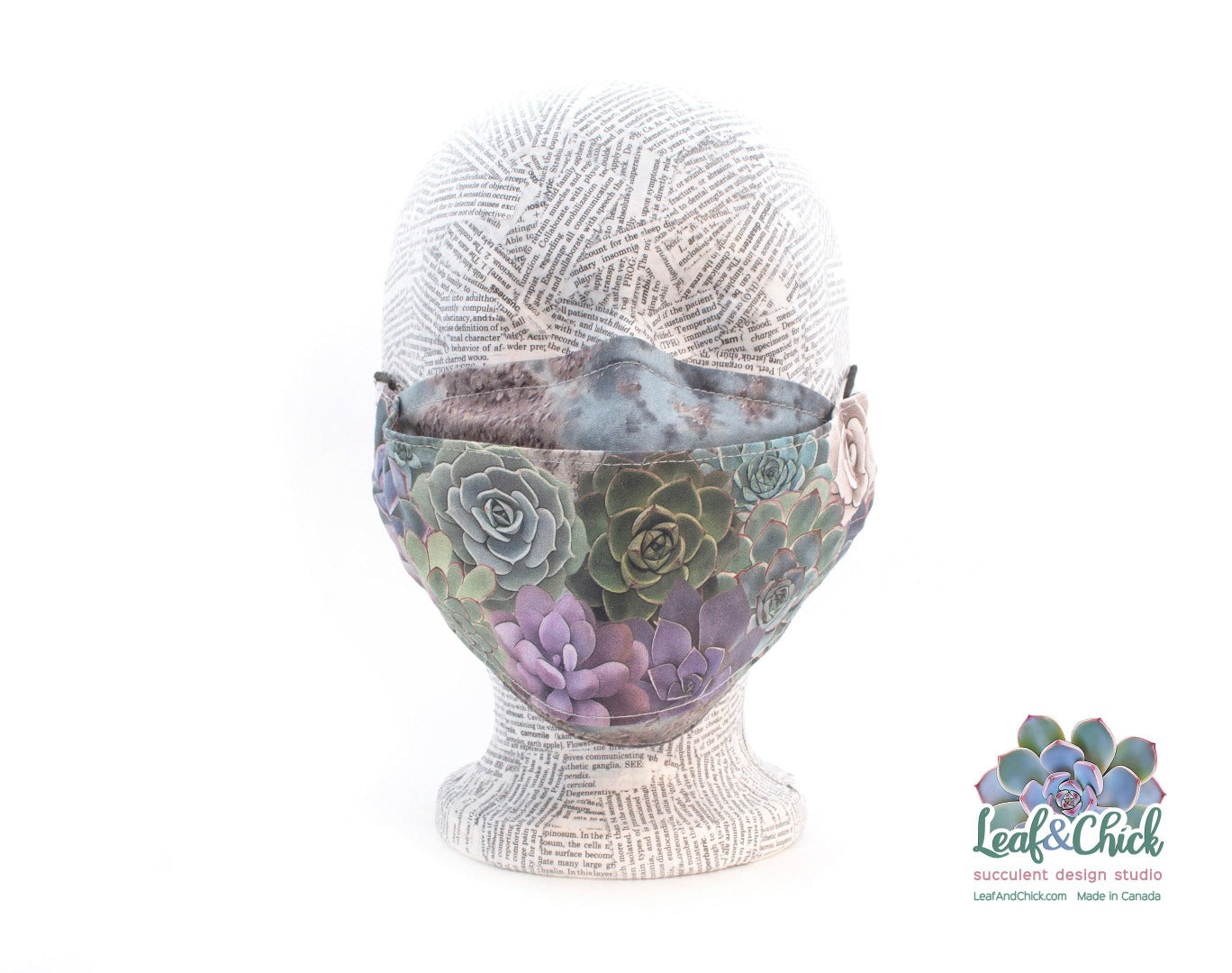 front view of three layer succulent face mask 3-D style