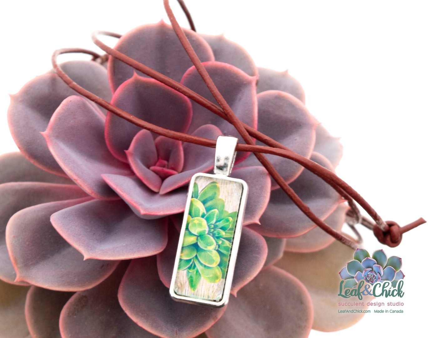 original succulent art on a red leather cord
