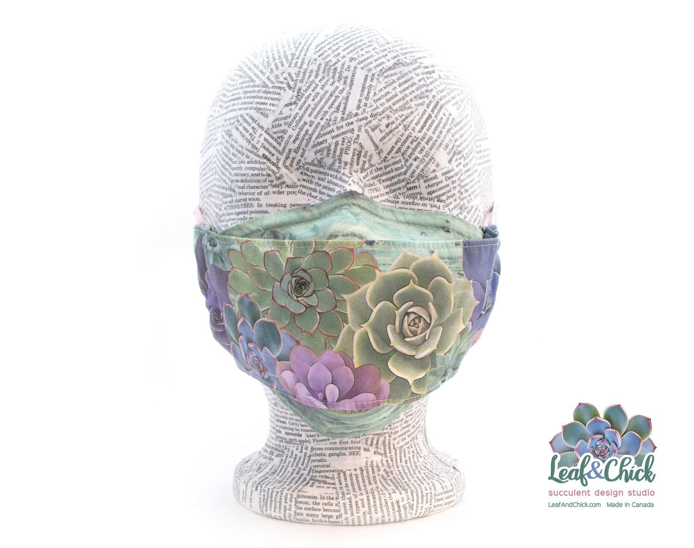 front view of three layer succulent face mask with soft pink ear elastic 